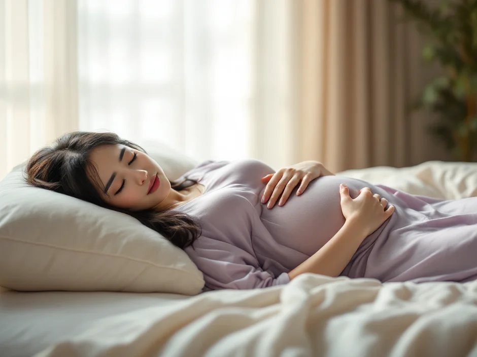 妊娠中期〜後期の女性が自宅のベッドで安静に過ごしているシーン｜切迫早産の自宅安静のイメージ