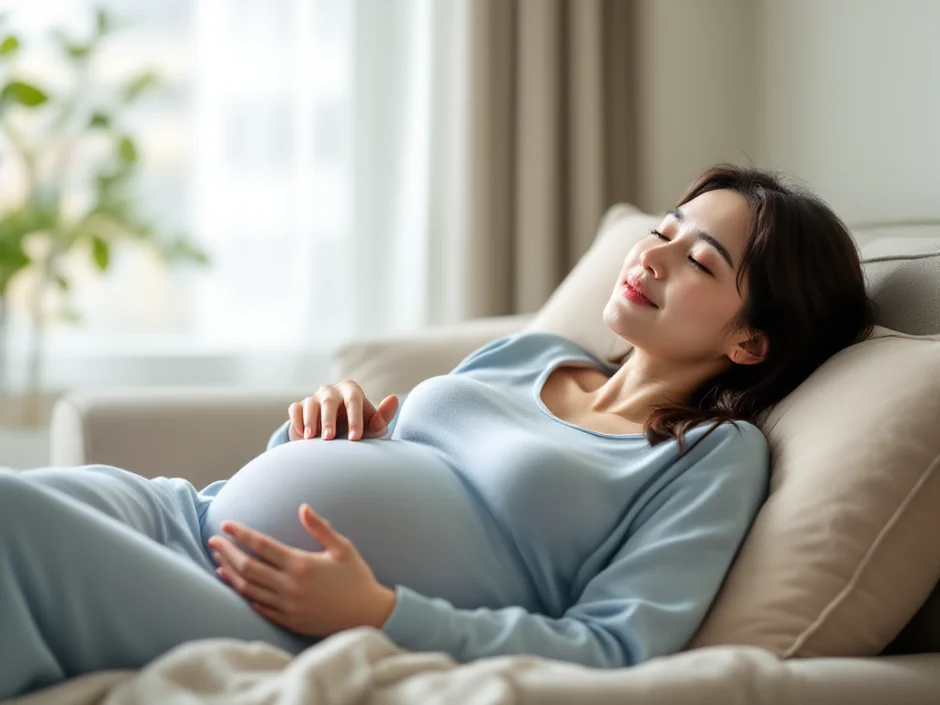 妊娠中期〜後期の女性が自宅のソファで安静に過ごしているシーン｜安静時の過ごし方のイメージ