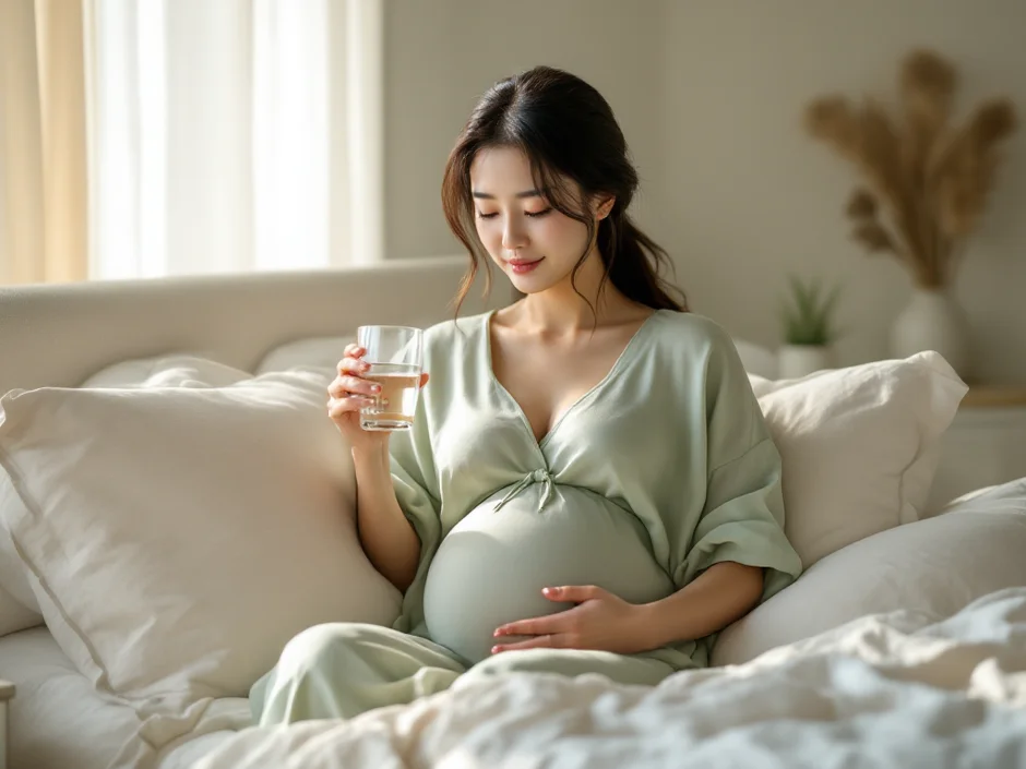 妊娠中期〜後期の女性が自宅のベッドサイドで水分補給をしながら安静に過ごしているシーン｜自宅安静中の過ごし方のイメージ