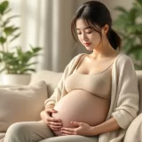 臨月の妊婦さんが自宅でお腹に手を当てて痛みの様子を確かめているシーン｜前駆陣痛と向き合うイメージ