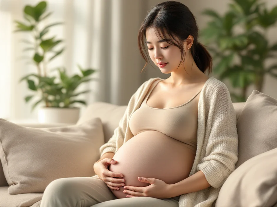 臨月の妊婦さんが自宅でお腹に手を当てて痛みの様子を確かめているシーン｜前駆陣痛と向き合うイメージ