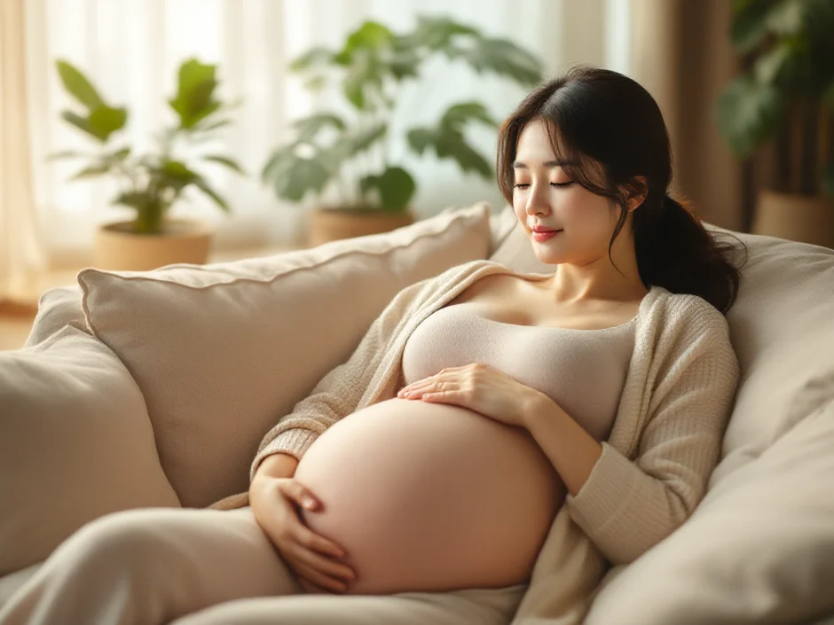臨月の妊婦さんが自宅のソファで横になり楽な姿勢を探して休んでいるシーン|前駆陣痛の対処法