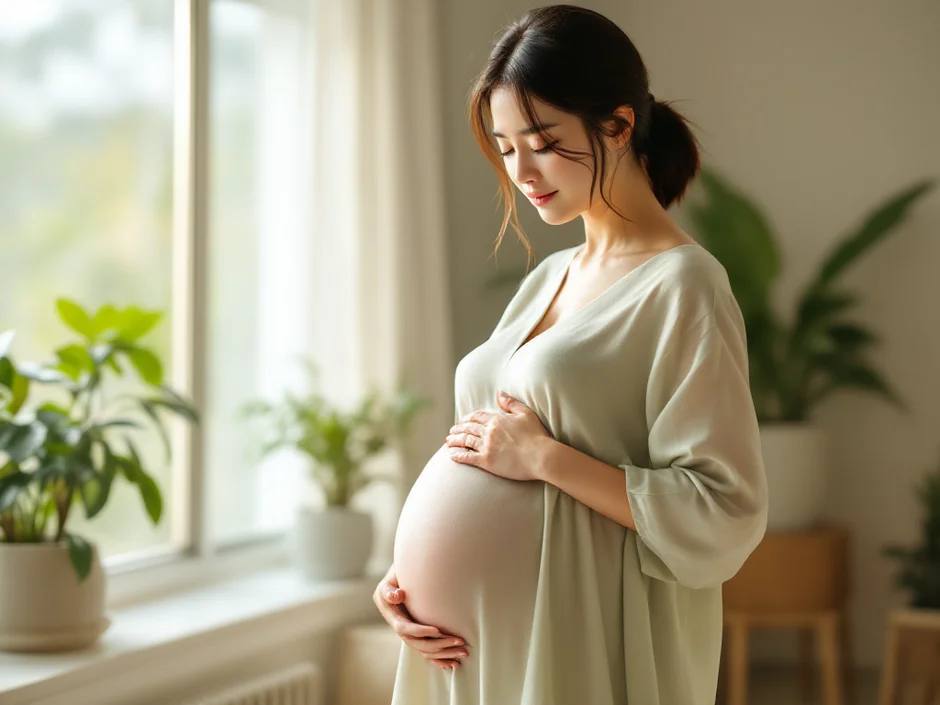 臨月の妊婦さんが自宅で深呼吸をしながら痛みの波をやり過ごしているシーン|前駆陣痛の乗り越え方