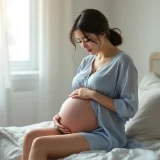妊娠後期の女性が自宅でお腹に手を当てて落ち着こうとしているシーン｜破水に気づいたときのイメージ