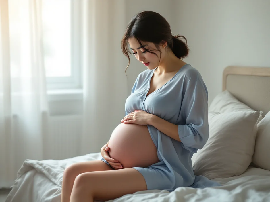妊娠後期の女性が自宅でお腹に手を当てて落ち着こうとしているシーン｜破水に気づいたときのイメージ