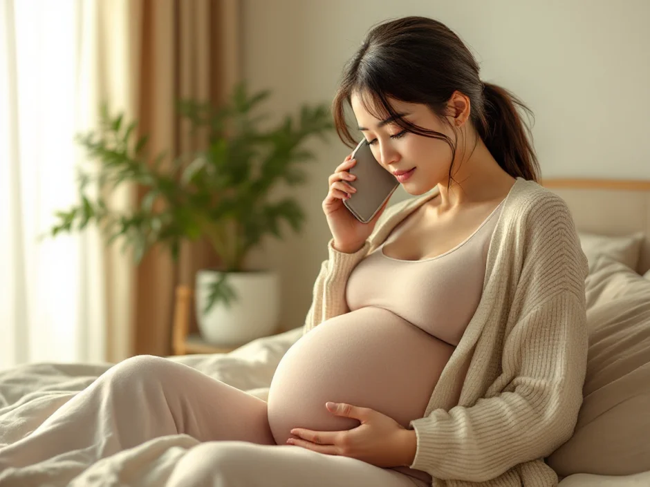 妊娠後期の女性がベッドサイドで落ち着いて産院に電話しているシーン｜破水したときの連絡のイメージ