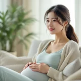 妊娠初期の女性が自宅でおなかに手を当て穏やかに過ごしているシーン|切迫流産と向き合う安静のイメージ