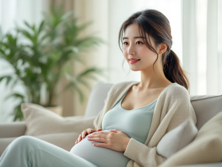 妊娠初期の女性が自宅でおなかに手を当て穏やかに過ごしているシーン｜切迫流産と向き合う安静のイメージ