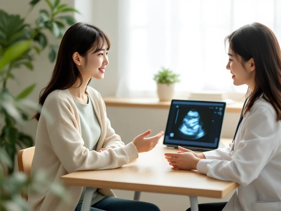 妊娠初期の女性が産婦人科で医師にエコー結果を説明されている安心感のあるイメージ｜切迫流産の診断