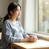 窓辺のテーブルでマグカップを手にお産について考える妊娠後期の女性のイメージ｜吸引分娩について知りたいシーン
