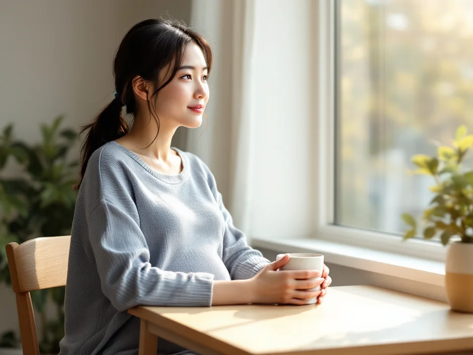 窓辺のテーブルでマグカップを手にお産について考える妊娠後期の女性のイメージ｜吸引分娩について知りたいシーン