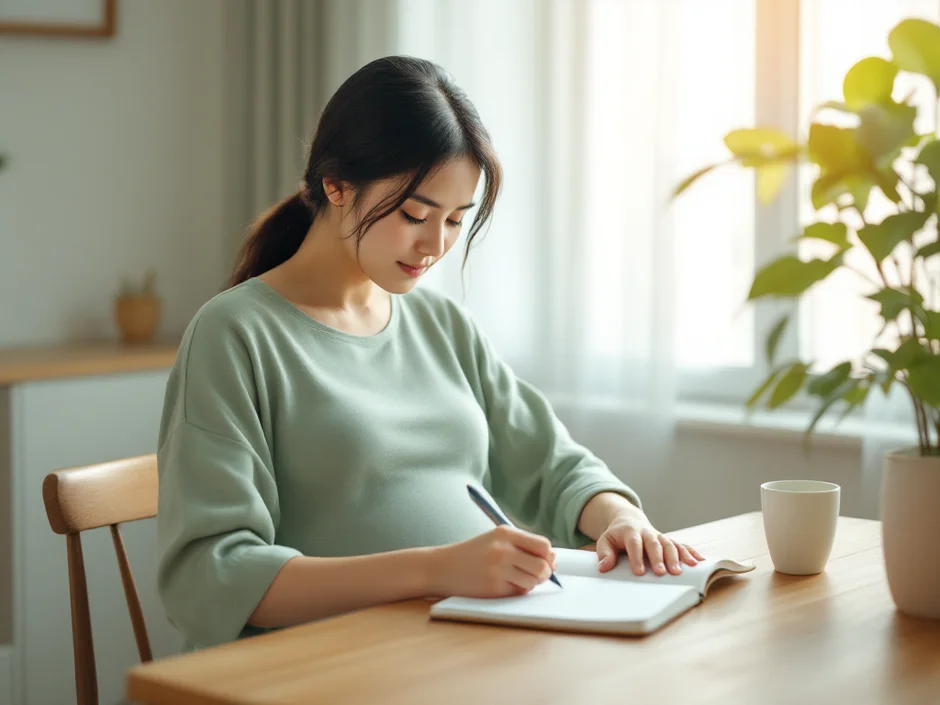 ダイニングテーブルでノートにお産の流れを書き出す妊娠後期の女性のイメージ｜吸引分娩の適応や条件を確認するシーン