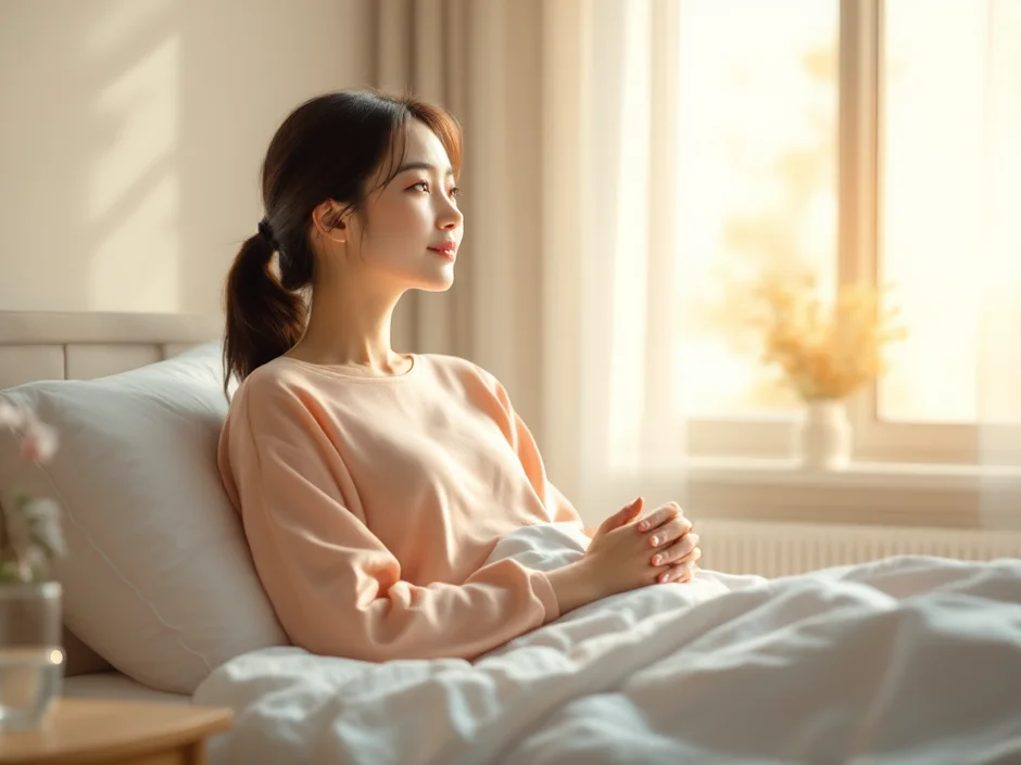明るい病室のベッドで穏やかな表情を見せる産後の女性のイメージ｜吸引分娩後の入院中のシーン