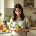 妊娠中の女性がキッチンで野菜を手に微笑んでいるシーン｜妊娠中の体重管理のイメージ