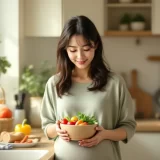 妊娠中の女性がキッチンで野菜を手に微笑んでいるシーン|妊娠中の体重管理のイメージ