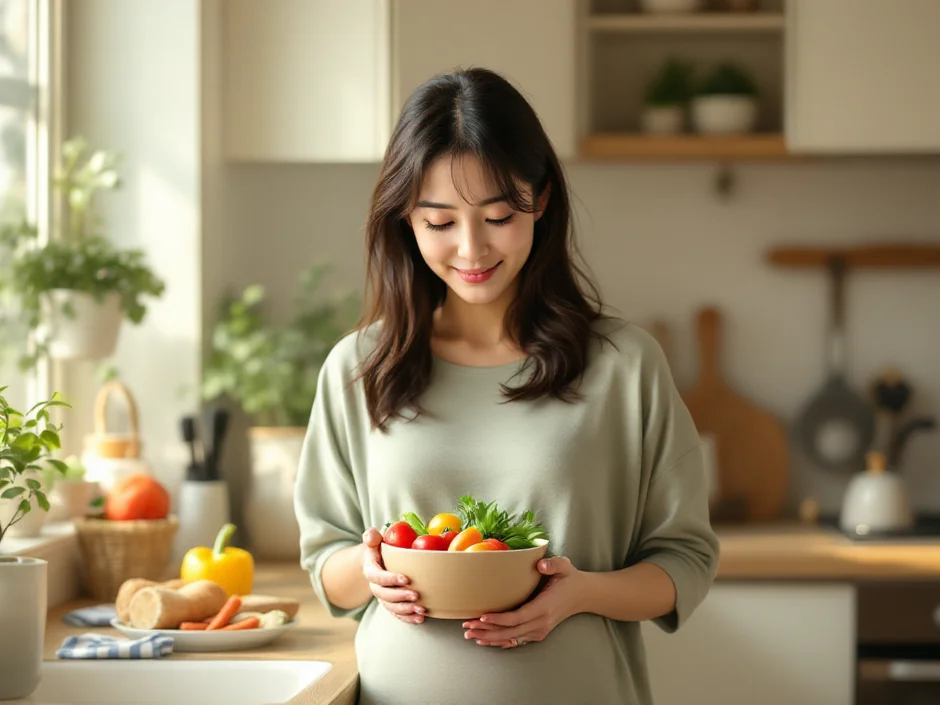 妊娠中の女性がキッチンで野菜を手に微笑んでいるシーン｜妊娠中の体重管理のイメージ
