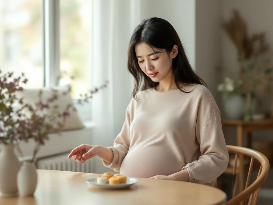妊娠中の女性がお菓子に手を伸ばそうか迷っているシーン|間食への葛藤のイメージ