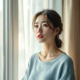 窓辺で静かに外を見つめる母親のイメージ|育児のしんどさを一人で抱えている時間を表すシーン