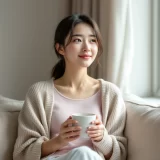 明るい窓辺のソファで両手にマグカップを持ちひと息つく女性のイメージ｜産後の後陣痛が続く時期を過ごすシーン