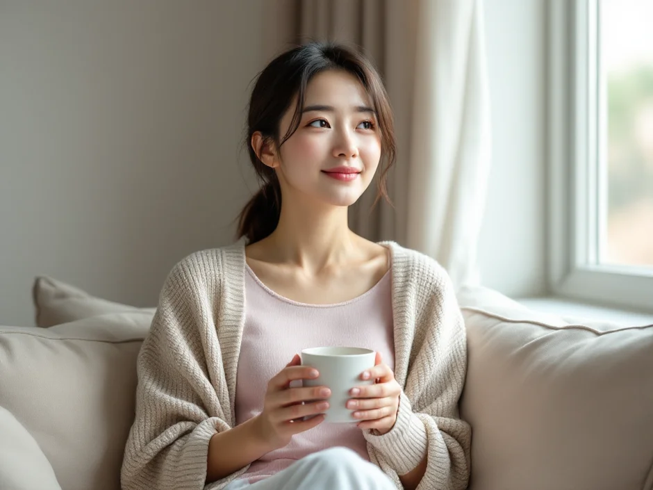 明るい窓辺のソファで両手にマグカップを持ちひと息つく女性のイメージ｜産後の後陣痛が続く時期を過ごすシーン