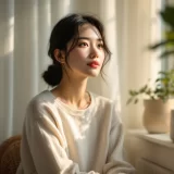 窓辺の椅子に背もたれを使って座りひと息つく産後の女性のイメージ|産後の腰痛とどう付き合うかを考えるシーン