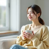 明るい窓辺のソファで両手にマグカップを持ちひと息つく女性のイメージ｜産後に母乳が出ないと悩む時期を過ごすシーン