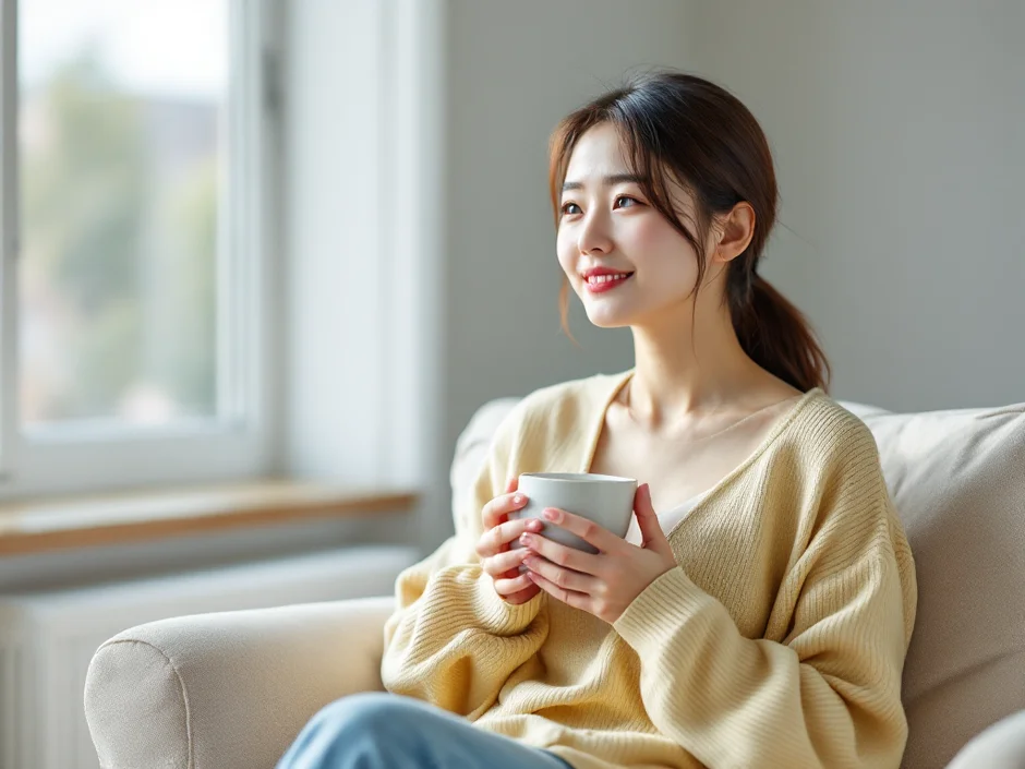 明るい窓辺のソファで両手にマグカップを持ちひと息つく女性のイメージ｜産後に母乳が出ないと悩む時期を過ごすシーン