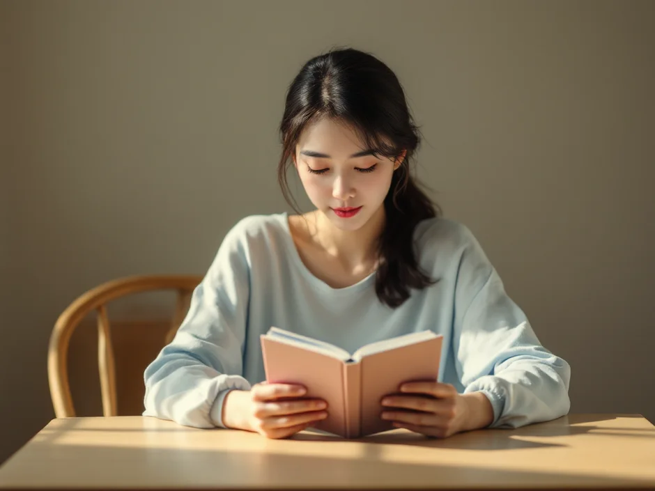 ダイニングテーブルで小さな冊子を開いて記録を確認する女性のイメージ｜母乳が足りているかをおむつと体重で確かめるシーン