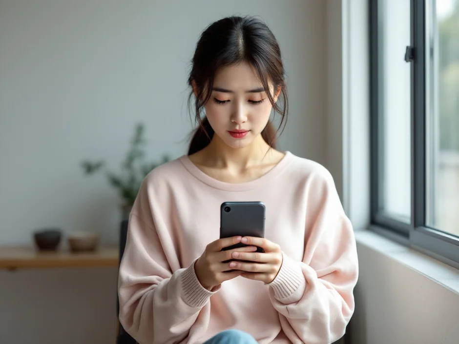 窓辺の椅子でスマートフォンを両手に持ち考えごとをする女性のイメージ｜母乳が出ないと夜に検索しているシーン