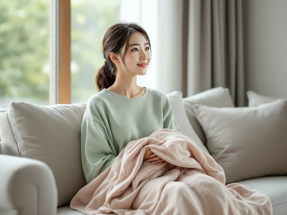 リビングのソファでブランケットを両手に持ち窓の外を見る女性のイメージ｜母乳の悩みからひと息ついて休むシーン
