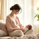 明るい窓辺で赤ちゃんのそばに座り穏やかにひと息つく産後の女性のイメージ｜産後ダイエットをいつから始めるか考えるシーン