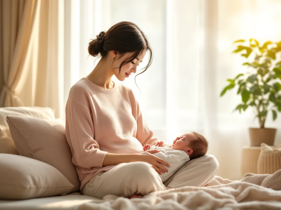 明るい窓辺で赤ちゃんのそばに座り穏やかにひと息つく産後の女性のイメージ｜産後ダイエットをいつから始めるか考えるシーン