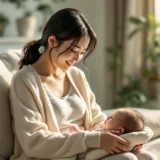 授乳間隔を気にかけながら赤ちゃんを穏やかに見守る30代の女性