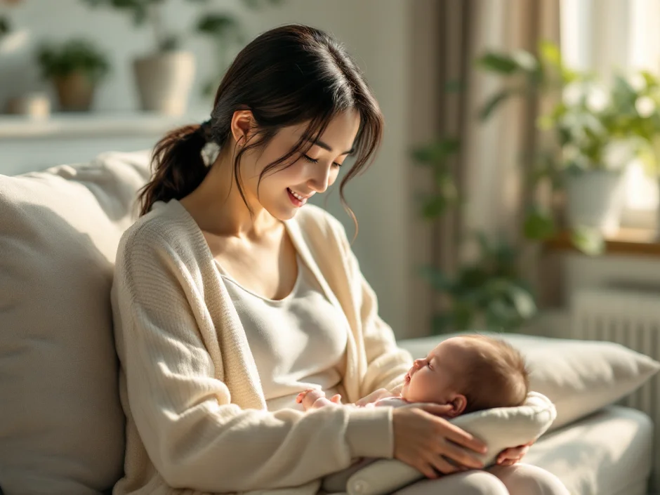 授乳間隔を気にかけながら赤ちゃんを穏やかに見守る30代の女性