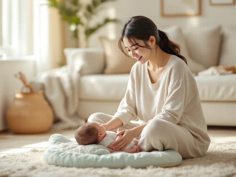 明るいリビングで赤ちゃんの様子を穏やかに見守る30代の女性