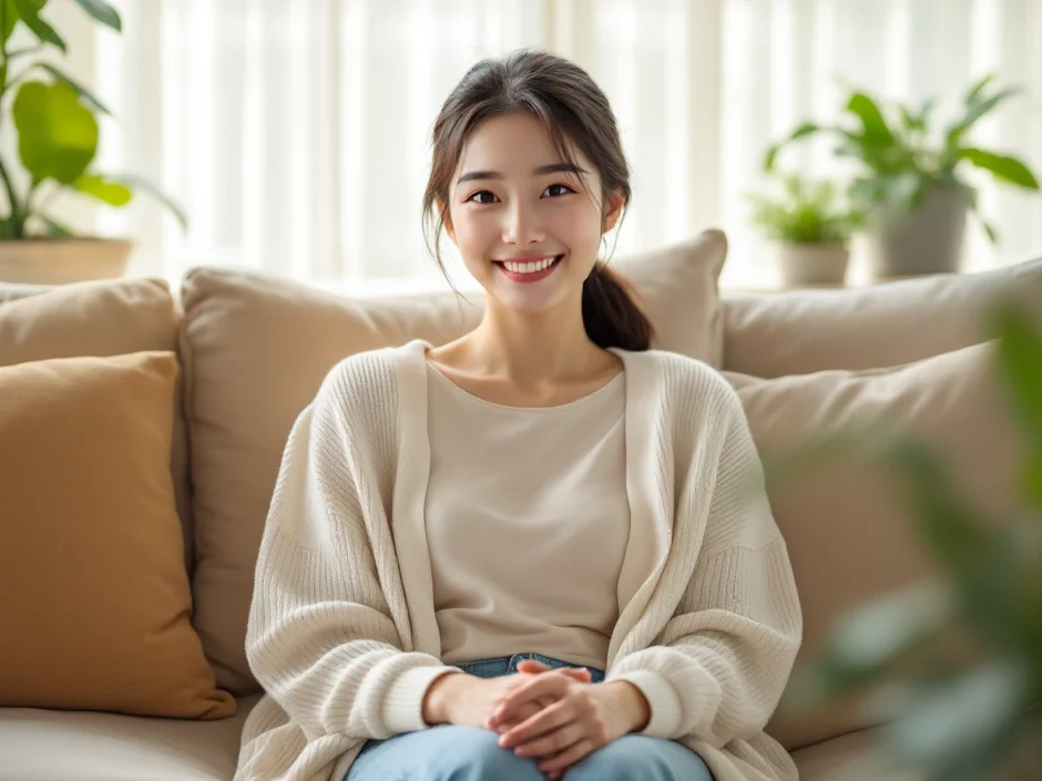 明るいリビングで穏やかに微笑む30代の女性