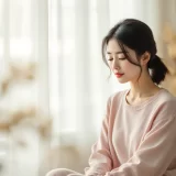 窓辺で静かに体調を確かめる産後の女性のイメージ|産後の発熱に気づいたシーン