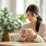 窓辺のテーブルで両手にマグカップを持ち、穏やかに休む女性のイメージ｜産後の抜け毛が気になる時期を過ごすシーン