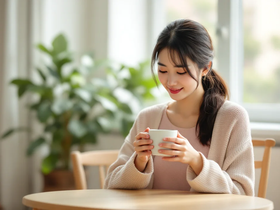 窓辺のテーブルで両手にマグカップを持ち、穏やかに休む女性のイメージ｜産後の抜け毛が気になる時期を過ごすシーン