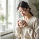 窓辺の椅子で両手にマグカップを持ちひと息つく産後の女性のイメージ|産後の痔とどう付き合うかを考えるシーン