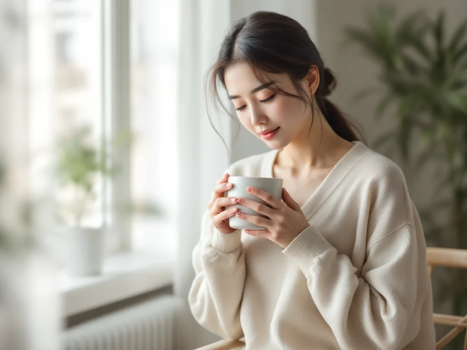 窓辺の椅子で両手にマグカップを持ちひと息つく産後の女性のイメージ｜産後の痔とどう付き合うかを考えるシーン
