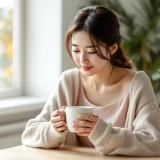窓辺のテーブルで両手にマグカップを持ち、穏やかに休む女性のイメージ｜産後の悪露が続く時期を過ごすシーン