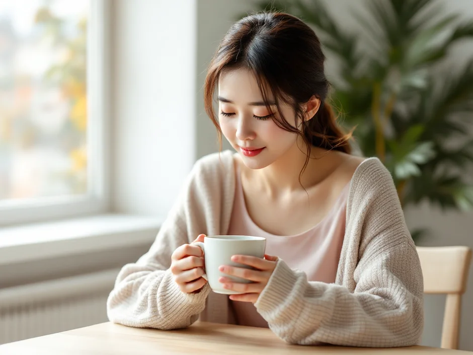 窓辺のテーブルで両手にマグカップを持ち、穏やかに休む女性のイメージ｜産後の悪露が続く時期を過ごすシーン