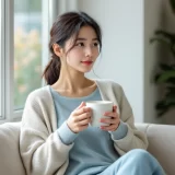 明るい窓辺のソファで両手にマグカップを持ちひと息つく女性のイメージ｜産後に乳腺炎の痛みと発熱を抱える時期を過ごすシーン