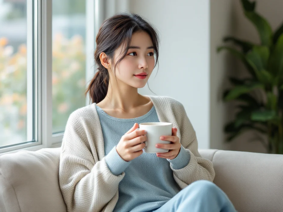 明るい窓辺のソファで両手にマグカップを持ちひと息つく女性のイメージ｜産後に乳腺炎の痛みと発熱を抱える時期を過ごすシーン