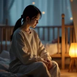 夜の寝室で赤ちゃんのそばに静かに座る30代の女性。夜間授乳はいつまで続くのかを考える産後のお母さんのイメージ