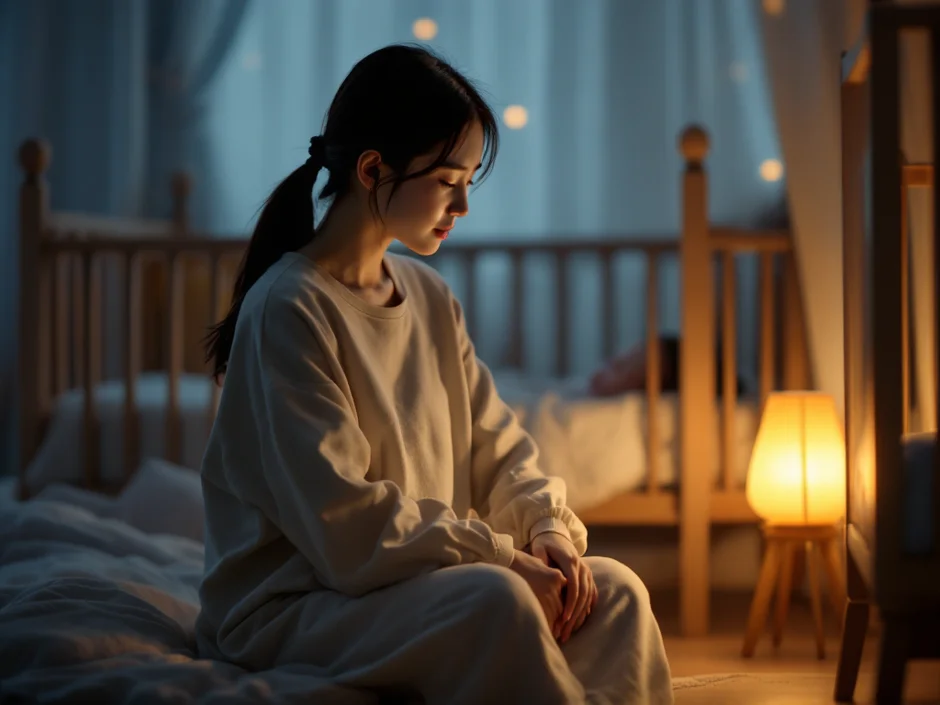 夜の寝室で赤ちゃんのそばに静かに座る30代の女性。夜間授乳はいつまで続くのかを考える産後のお母さんのイメージ