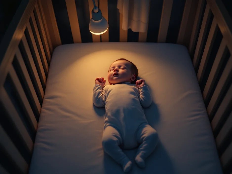 ベビーベッドで仰向けに安全に眠る赤ちゃんのイメージ｜SIDS予防のためのあおむけ寝と安全な睡眠環境のシーン