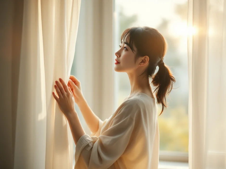 朝の明るい部屋でカーテンを開けて光を入れる30代の女性のイメージ｜夜が明けた安心感のシーン
