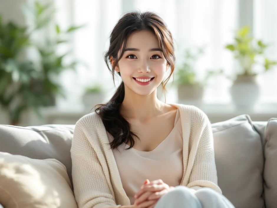 明るいリビングで穏やかに微笑む30代の女性のイメージ｜その時期は必ず終わりますという安心感のシーン